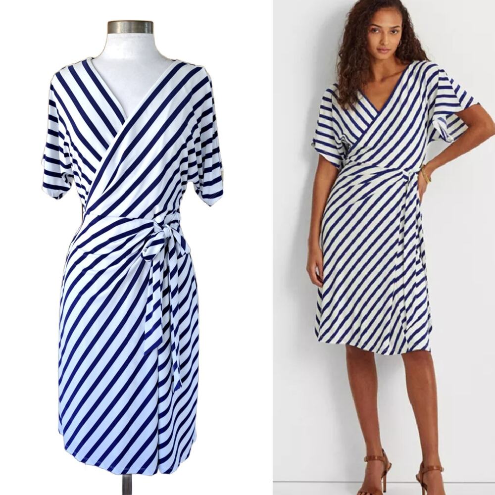 LAUREN Ralph Lauren Blue Chevron Stripe Dress Size 4 Blue White